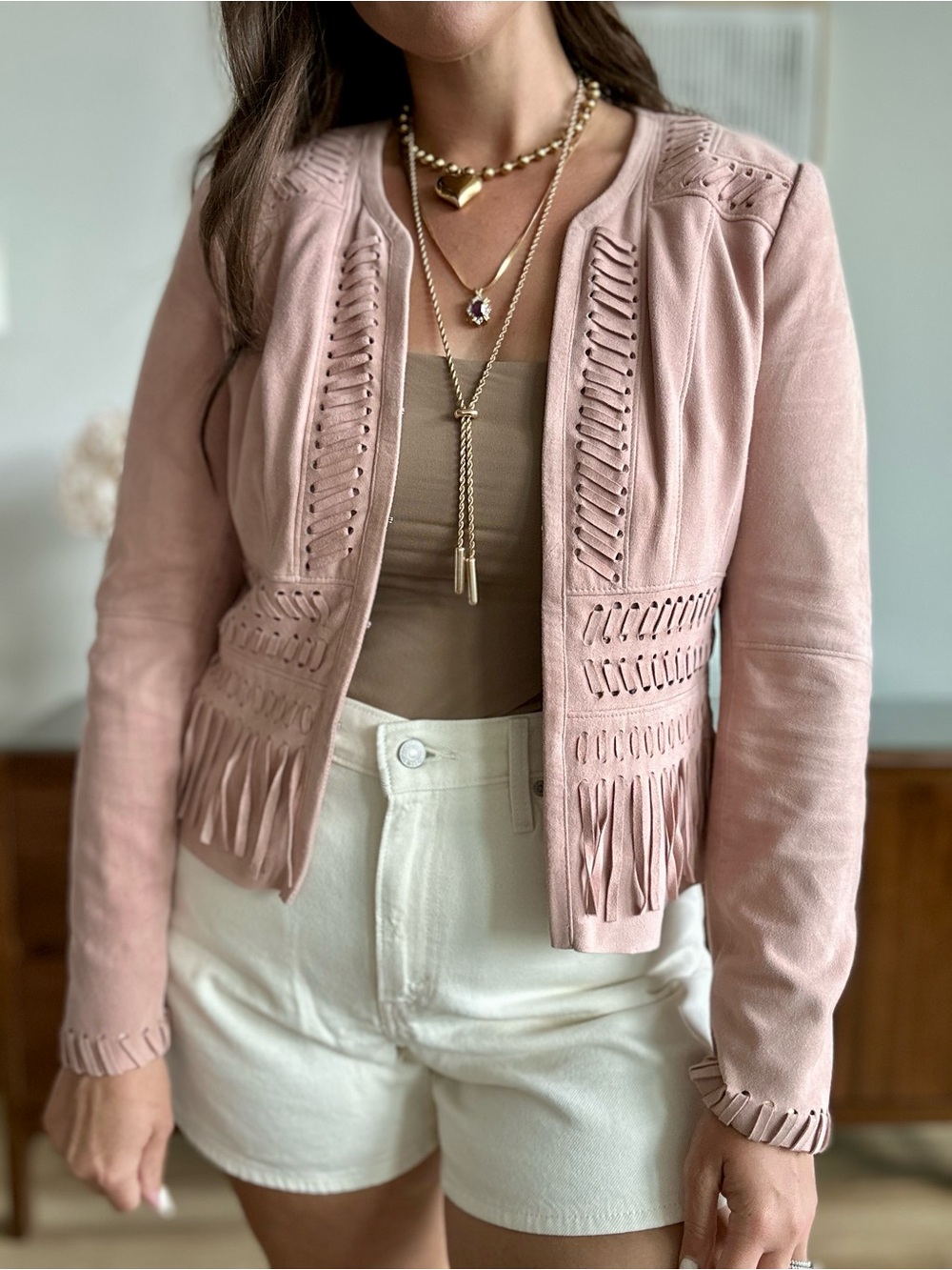 White House Black Market Pink Whipstitch Fringe Suede Jacket